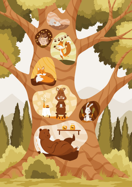 动物在树洞和洞里布置他们舒适的家。野生森林动物平面卡通收藏熊狐狸猫头鹰猪松鼠兔子老鼠卡通人物。矢量图图片下载