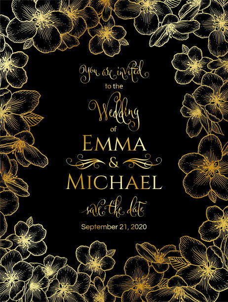 鲜花婚礼请柬暗金色优雅卡模板图片下载