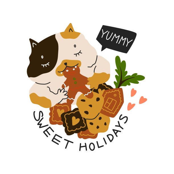 可爱小猫吃饼干。圣诞姜饼、新年贴纸图片下载