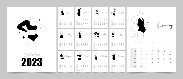 日历2023与抽象的女性身体在一条线风格。从周日开始。平面最小的书桌或墙上的图片设计。向量模板图片下载