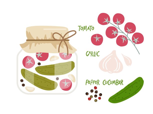 罐装黄瓜和番茄手绘涂鸦草图分离。罐装腌制蔬菜，配料，蔬菜和香料。平面矢量食品模板菜单，贴纸，配方，市场图片下载