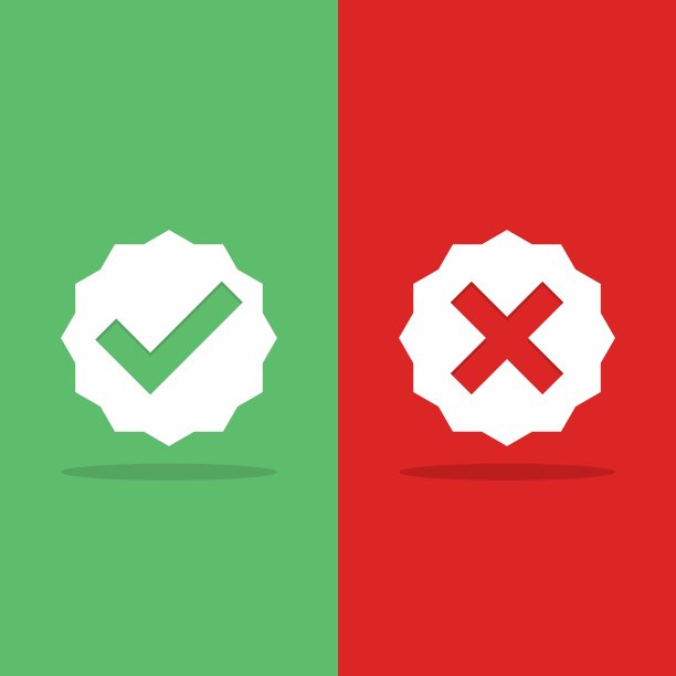 检查和错误标记，勾选和交叉标记，接受/拒绝，批准/不批准，是/否，对/错，绿色/红色，正确/错误，Ok/不Ok -矢量标记符号，绿色和红色。孤立的图标。图片下载