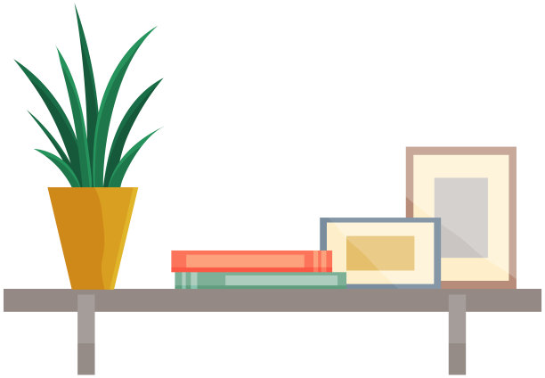 挂有装饰物的架子。办公室或家庭家具。盆栽，花瓶，画在架子上图片下载