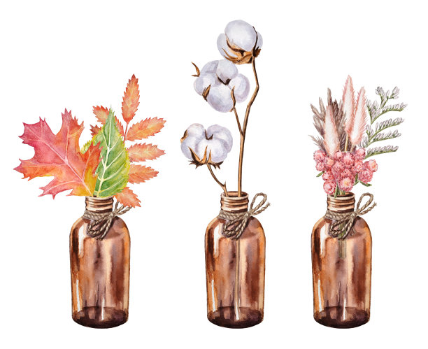 水彩秋季组合与干花和叶子花束，和棉花枝。图片下载