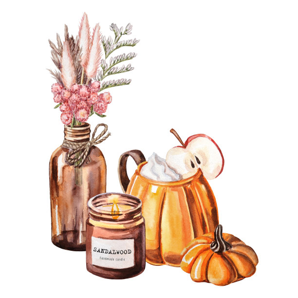 水彩秋季构图与干花花束在玻璃瓶，蜡烛，和可可饮料在南瓜杯。图片下载