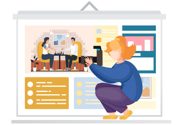 拿着相机的女孩拍了一张有图片的广告牌。一对夫妇在公寓里下棋图片下载