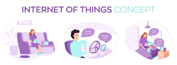 一套关于物联网主题的三个矢量插图。机器人吸尘器、语音助手和智能音箱。物联网图片下载