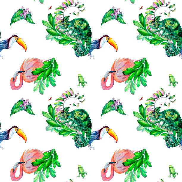 热带动物与花卉华丽水彩插图无缝图案的白色图片下载