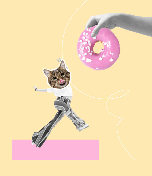 当代艺术拼贴。欢快的女人用猫的嘴在粉红色的甜甜圈前跳舞。甜蜜的方图片下载