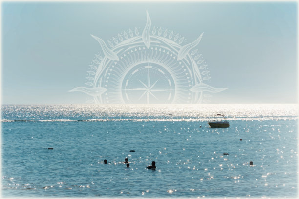 晚上向量。太阳在地平线上的点缀。水面上耀眼的灯光。洗澡的人图片下载