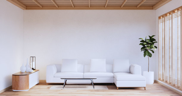室内设计，禅意现代日式客厅。三维渲染图片下载