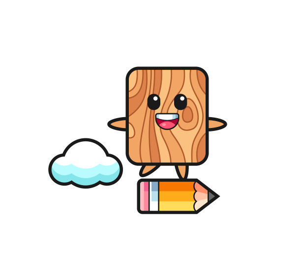 木板木头吉祥物骑在一支巨大的铅笔上图片下载