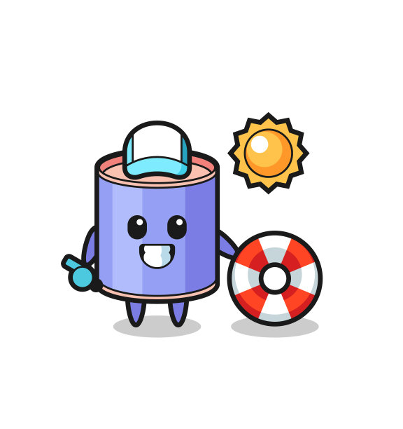 卡通吉祥物的圆柱形储蓄罐作为海滩图片下载