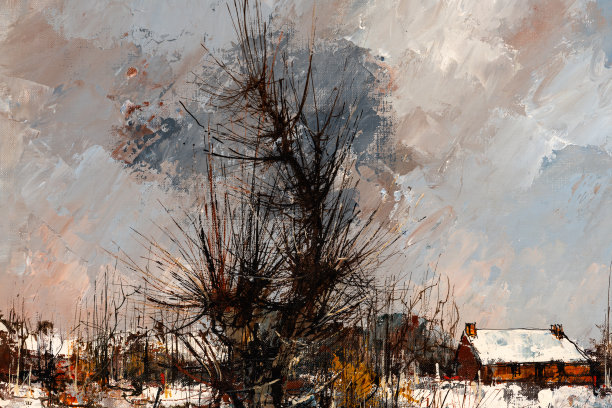 冬季油画中的乡村风景图片下载