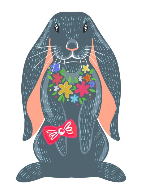 可爱的愤怒的灰色兔子带着蝴蝶结和鲜花。长耳朵的野兔坐在后腿上。在孤立背景上的插图。图片下载