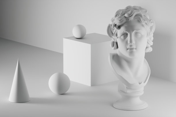 古典装置静物，用古色古香的雕塑立顿头，以及简单的几何形状，圆球、立方体、金字塔、白色图片下载