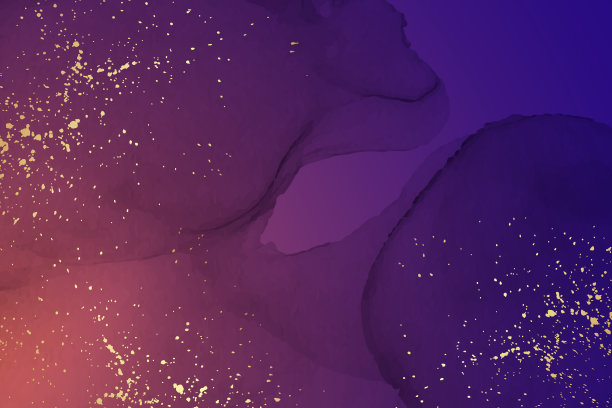 水彩背景与抽象的紫色墨水波和金色的飞溅。图片下载