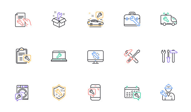 修理行图标。锤子，螺丝刀和扳手工具。线性的图标集。向量图片下载