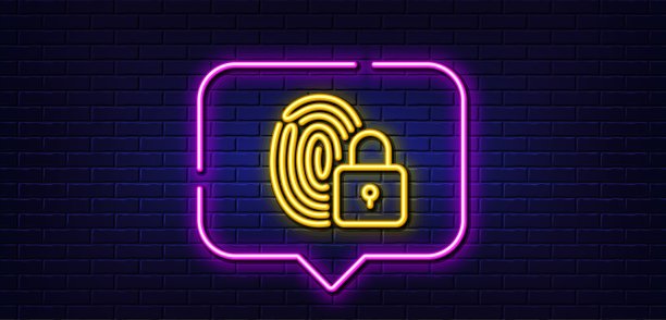 锁线图标。指纹访问签。霓虹灯语音泡泡。向量图片下载