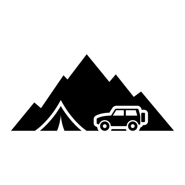 山脉、帐篷和SUV图标。野营的时候,旅行。营地。黑色的轮廓。正面的看法。矢量简单的平面图形插图。孤立的物体在白色背景上。隔离。图片下载