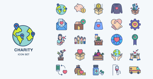 捐赠和慈善线性彩色图标集图片下载
