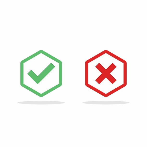 检查和错误标记，勾选和交叉标记，接受/拒绝，批准/不批准，是/否，对/错，绿色/红色，正确/错误，Ok/不Ok -矢量标记符号，绿色和红色。孤立的图标。图片下载