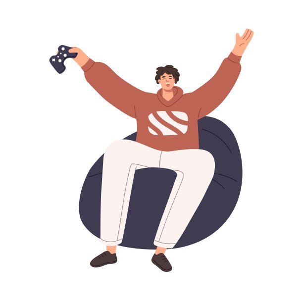 快乐的男人玩家与视频游戏控制台在手中。在电子游戏获胜后，兴奋的赢家欣喜不已。坐在家里玩游戏的玩家。平面矢量插图孤立在白色背景上图片下载