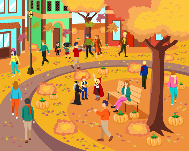 人们在秋天或秋天场景矢量插图图片下载