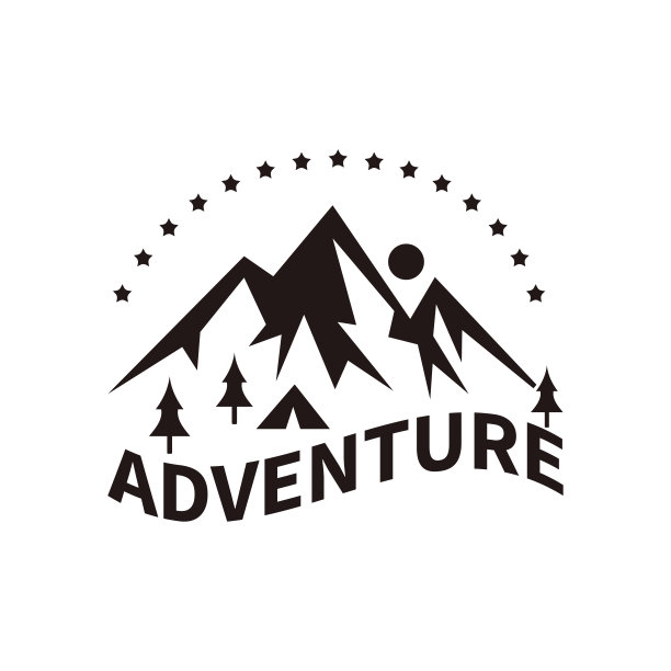 夏令营和户外探险插画标志，山，盾徽图片下载
