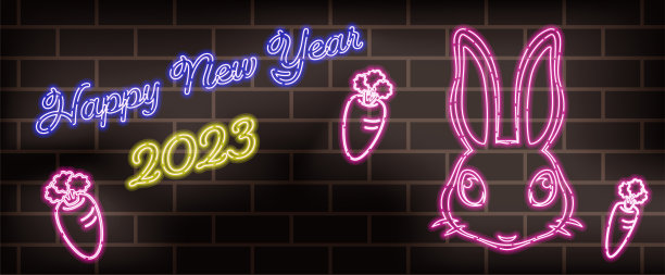 2023墙和霓虹兔新年横幅，头部插图。图片下载
