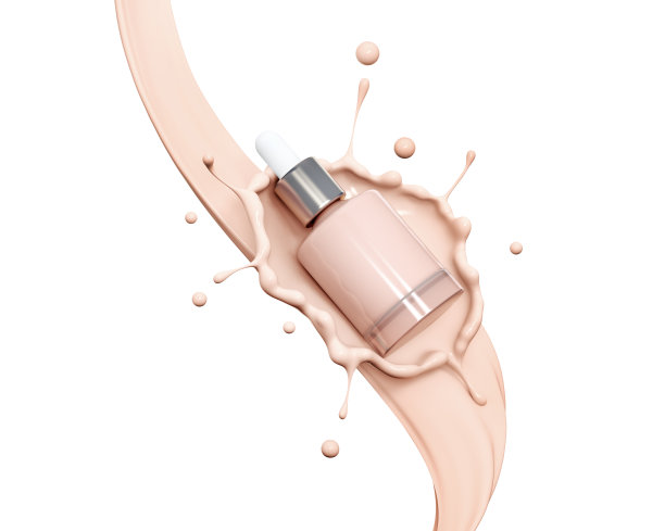 空白化妆品护肤品或仿制包装。液体化妆粉底瓶与化妆品霜飞溅。化妆品产品模板。滴管在液体飞溅烙印。空白标签用于烙印。3 d渲染。图片下载