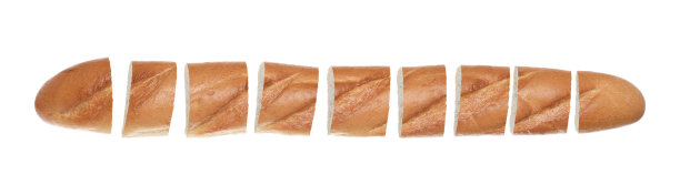 切新鲜出炉的美味法棍面包，白色背景，俯视图。旗帜设计图片下载