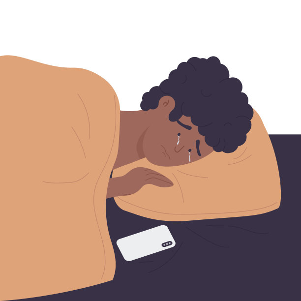 哭泣的男孩躺在床上图片下载