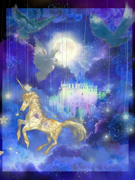 三只白鸽在淡蓝色的云海上翱翔，一只独角兽在它们下面奔跑，一座古老的欧洲城堡耸立在云海中。图片下载