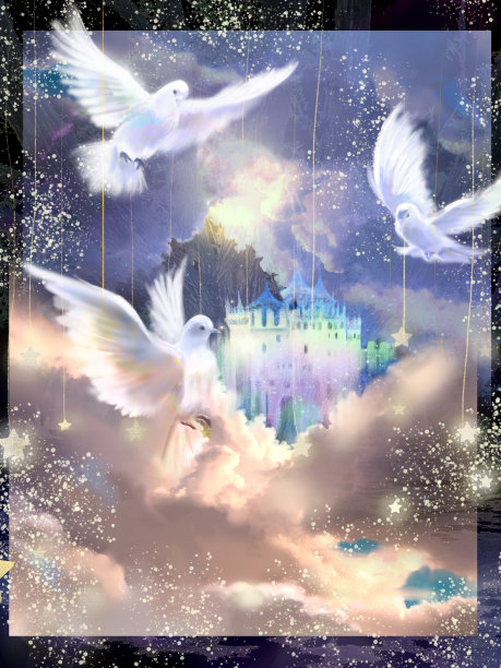三只白鸽在淡蓝色的云海上翱翔，一座古老的欧洲城堡在云海中拔地而起图片下载