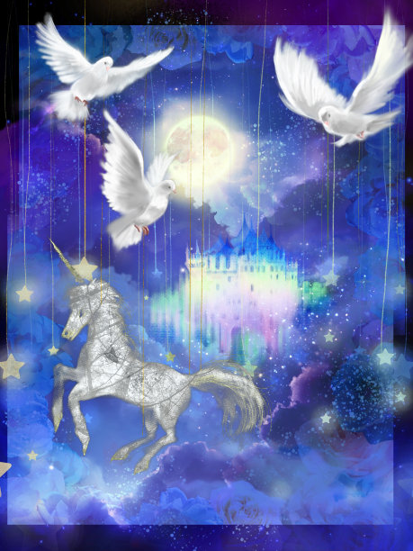 三只白鸽在淡蓝色的云海上翱翔，一只独角兽在它们下面奔跑，一座古老的欧洲城堡耸立在云海中。图片下载