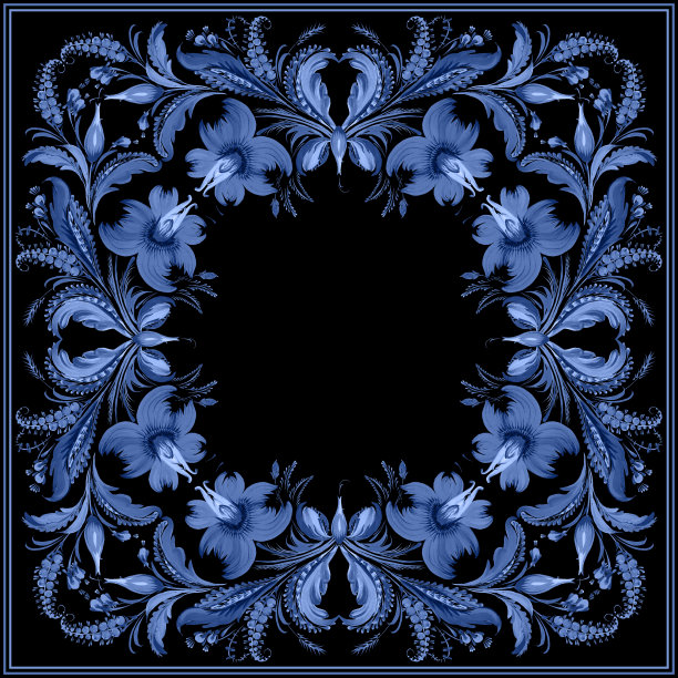 在乌克兰民间绘画风格的蜡染花卉Petrykivka披肩，地毯，手帕，瓷砖，邀请卡框架与蓝色的花朵，树叶，树枝孤立在黑色的背景图片下载
