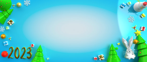 圣诞节和新年的主题背景狭窄。节日横幅上有一只兔子，铭文2023和装饰。图片下载