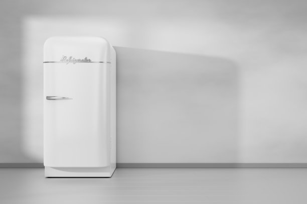 冰箱在灰色简约的厨房内部。3 d渲染。图片下载