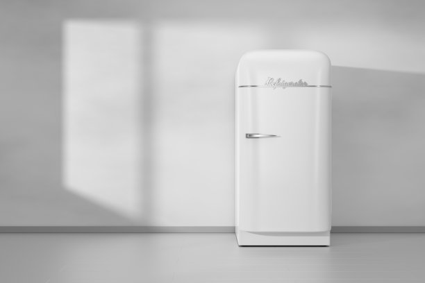 冰箱在灰色简约的厨房内部。3 d渲染。图片下载