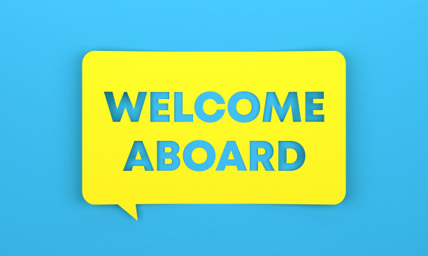 蓝色背景上有“欢迎登机”字样的黄色语音泡泡图片下载