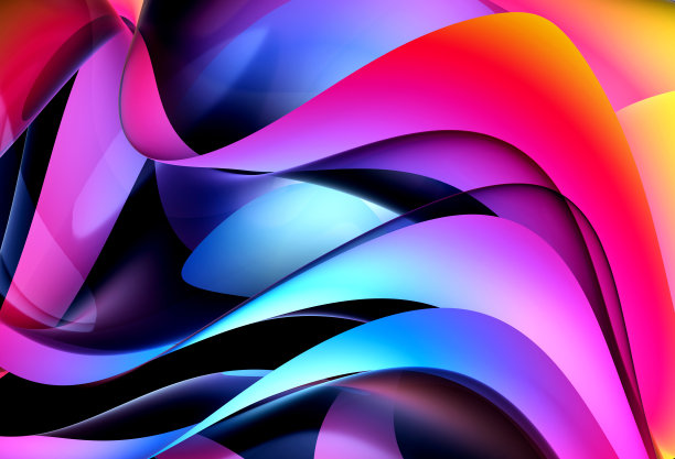 3d渲染抽象艺术3d背景与部分超现实异域花卉雕塑曲线波浪式优雅的螺旋线形成霓虹发光的蓝色、橙色和紫色渐变色，黑色上有多层效果图片下载