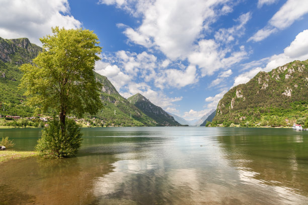 高山伊德罗湖(Lago d’Idro)清澈平静的湖水反射着天空，周围是多山的岩石树林和岸边浅浅的一棵小树。意大利伦巴第,布雷西亚图片下载