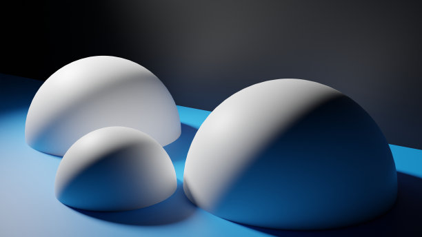 3 d渲染。3 d演示。蓝色背景的白色半球体系列，左侧有一盏灯。图片下载