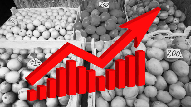 红色成长大3D箭头在黑白单色蔬菜和水果的背景。条形图和图形。物价上涨。通货膨胀的概念。零售行业。股票市场。全球粮食危机图片下载