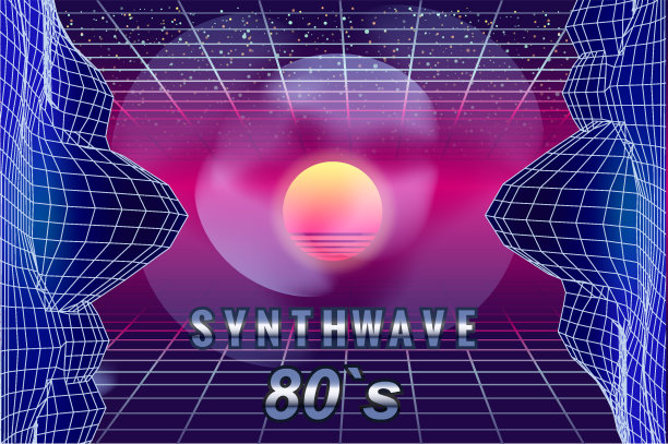 摘要合成波复古旗帜汽化波美学背景。山脉景观网格3d，日落80年代的复古图片下载