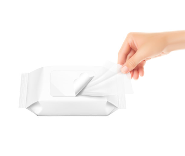 现实的湿纸巾袋模型与手。图片下载