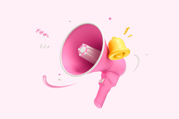 带铃通知的卡通扩音器。营销时间概念。在线新闻与扬声器。社交媒体推广。现实元素孤立在粉红色背景。三维渲染图片下载