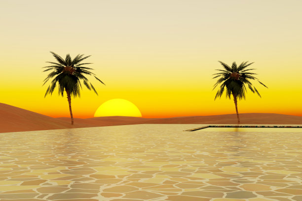 沙漠全景，棕榈树和游泳池，3d渲染图片下载