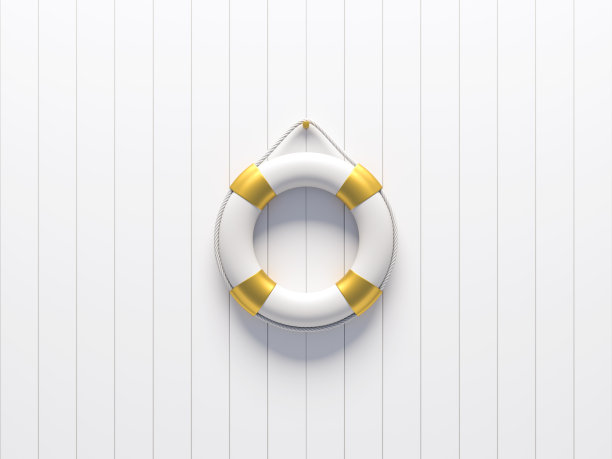 木墙上的白色救生圈与金色元素。没有白底品牌的奢侈饰品。最小的布局概念。三维渲染图片下载